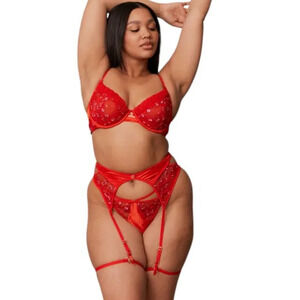 Lounge Katya Intimates Bra / Garter Set  Size 34 A and M Garter Red Embroidered